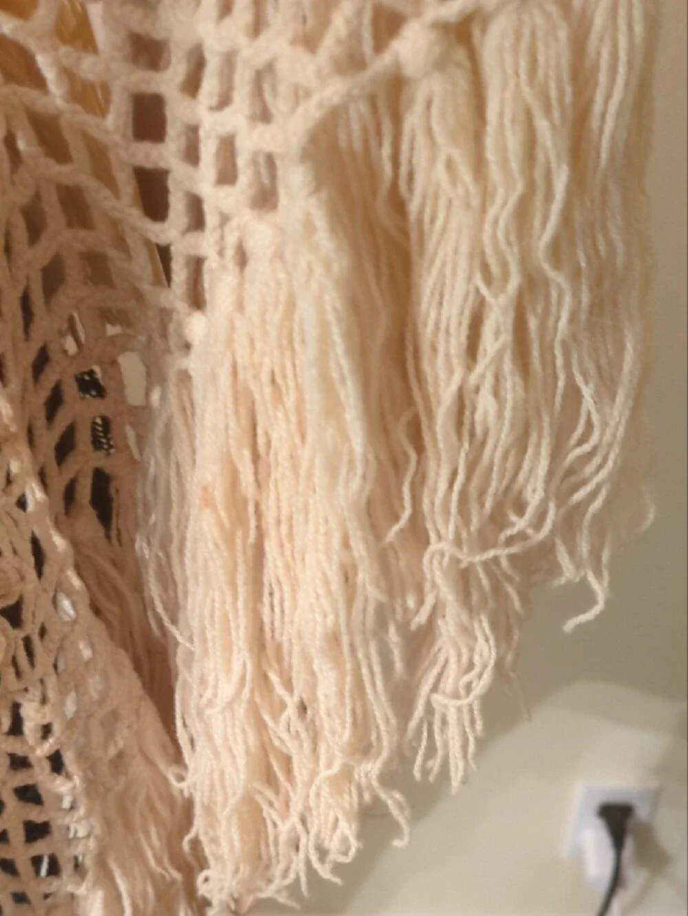 Unique Vintage Hand Made Wool Cream Crochet Fringe Shawl  - Women's Cover-Up
